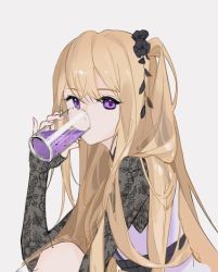 Rule 34 | 1girl, arknights, black flower, black gloves, blonde hair, closed mouth, cup, dress, drink, drinking, drinking glass, elbow gloves, fingerless gloves, flower, gloves, hair flower, hair ornament, highres, holding, holding cup, indigo (arknights), indigo (serene day) (arknights), jinqing, knee up, long hair, looking at viewer, official alternate costume, one side up, purple dress, purple eyes, simple background, sitting, sleeveless, sleeveless dress, solo, very long hair, white background