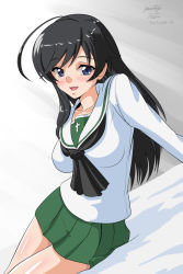 Rule 34 | 1girl, ahoge, arm support, artist name, black eyes, black hair, black neckerchief, blouse, blush, commentary, dated, dutch angle, girls und panzer, green skirt, isuzu hana, long hair, long sleeves, looking at viewer, lying, matsui yasutsugu, miniskirt, neckerchief, on bed, on side, one-hour drawing challenge, one-piece swimsuit, ooarai school uniform, pleated skirt, school uniform, serafuku, shirt, signature, sitting, skirt, smile, solo, swimsuit, white shirt