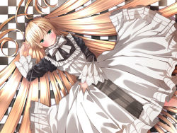 Rule 34 | 1girl, :t, alric, aqua eyes, blonde hair, blush, bow, bowtie, checkered floor, dress, floor, from above, gosick, highres, lace, lolita fashion, long hair, lying, on back, pout, solo, very long hair, victorica de blois