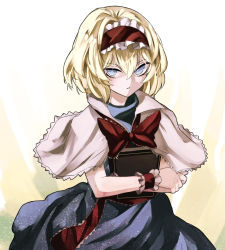 Rule 34 | 1girl, alice margatroid, bad id, bad pixiv id, blonde hair, blue dress, blue eyes, book, bow, bowtie, capelet, crossed arms, dress, eredhen, hair between eyes, hairband, holding, short hair, solo, touhou, wrist cuffs