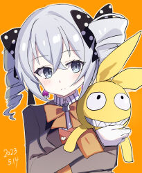 1girl black_bow bow bronya_zaychik bronya_zaychik_(wolf&#039;s_dawn) brown_jacket closed_mouth collared_shirt commentary_request crossed_bangs dated drill_hair earrings grey_eyes grey_hair hair_between_eyes hair_bow holding holding_stuffed_toy homu_(honkai_impact) honkai_(series) honkai_impact_3rd jacket jewelry light_frown looking_to_the_side macaroni_0101 multiple_hair_bows necktie orange_necktie orange_sleeve_cuffs polka_dot polka_dot_bow shirt simple_background solo striped_clothes striped_shirt stuffed_toy twin_drills vertical-striped_clothes vertical-striped_shirt yellow_background