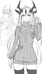Rule 34 | absurdres, ahoge, arknights, braid, braided bangs, breasts, curled fingers, dragon horns, greyscale, highres, horns, long hair, looking at viewer, monochrome, multiple horns, nail polish, okamoto aoi, playing with own hair, reed (arknights), sketch, small breasts, sweater, thighhighs, thighs, turtleneck, turtleneck sweater