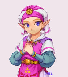 Rule 34 | 1girl, blonde hair, blue eyes, bracelet, closed mouth, dress, hands up, hat, jewelry, long sleeves, looking at viewer, nintendo, ohil (ohil822), own hands together, pointy ears, princess zelda, short hair, simple background, solo, tabard, the legend of zelda, the legend of zelda: ocarina of time, triforce, white background, young zelda