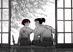 Rule 34 | 1boy, 1girl, branch, closed eyes, day, facing another, flower, from behind, hair flower, hair ornament, hakama, hand up, japanese clothes, kimono, laughing, long sleeves, monochrome, on floor, original, ponytail, profile, ribbon, short hair, side-by-side, sitting, sleeves rolled up, sliding doors, smile, spot color, sword, tasuki, tatami, veranda, weapon, wooden sword, www planet
