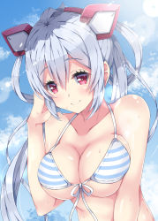 Rule 34 | 1girl, ahoge, bikini, blue bikini, blush, breasts, breasts squeezed together, cleavage, cloud, cloudy sky, collarbone, eyelashes, front-tie bikini top, front-tie top, grey hair, hair between eyes, hairband, hand on own cheek, hand on own face, hand on own head, large breasts, lens flare, long hair, looking at viewer, matoi (pso2), milkpanda, phantasy star, phantasy star online 2, red eyes, red hairband, sky, smile, solo, standing, striped bikini, striped bikini top, striped clothes, sweat, sweatdrop, swimsuit, upper body, very long hair