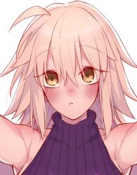 Rule 34 | 1girl, ahoge, bare shoulders, blush, breasts, fate/grand order, fate (series), grey hair, highres, jeanne d&#039;arc alter (avenger) (fate), jeanne d&#039;arc alter (fate), large breasts, long hair, looking at viewer, mitsurugi sugar, purple sweater, ribbed sweater, sleeveless, sleeveless turtleneck, solo, sweater, turtleneck, turtleneck sweater, yellow eyes