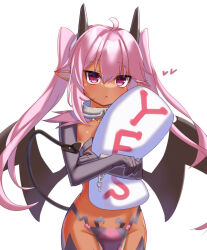 Rule 34 | 1girl, :o, ahoge, bat wings, black horns, black tail, black wings, chain, commentary, cowboy shot, cuffs, dark-skinned female, dark skin, demon girl, demon tail, elbow gloves, gloves, hair between eyes, heart, highres, holding, holding pillow, horns, junkpicture, loincloth, long hair, nyxryuuna, open mouth, pillow, pink eyes, pink hair, pointy ears, purple gloves, sequel (series), sequel blight, shackles, simple background, solo, standing, tail, tail raised, twintails, very long hair, white background, wings, yes-no pillow