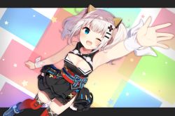 Rule 34 | 1girl, ;d, arm up, bad id, bad pixiv id, bare shoulders, black dress, black footwear, blue eyes, blush, boots, breasts, cleavage, cleavage cutout, clothing cutout, commentary request, dress, dutch angle, fingernails, hair ornament, hairclip, highres, kaguya luna, large breasts, looking at viewer, mafuyu (chibi21), one eye closed, open mouth, outstretched arm, red thighhighs, silver hair, sleeveless, sleeveless dress, smile, solo, star (symbol), the moon studio, thighhighs, twintails, virtual youtuber