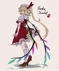 Rule 34 | 1girl, black nails, blonde hair, brown footwear, character name, crystal, dee (tannsumi), fingernails, flandre scarlet, frilled skirt, frilled sleeves, frills, full body, hair between eyes, hat, high heels, highres, long fingernails, long hair, looking at viewer, looking to the side, mob cap, nail polish, open mouth, red eyes, red skirt, red vest, sharp fingernails, shirt, short sleeves, side ponytail, sketch, skirt, smile, socks, solo, touhou, vest, white hat, white shirt, white socks, wings