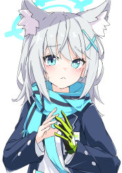 Rule 34 | 1girl, absurdres, animal ear fluff, animal ears, black gloves, blue archive, blue scarf, bright pupils, cyan eyes, earrings, fox ears, gloves, green gloves, halo, highres, jewelry, looking at viewer, medium hair, scarf, shiroko (blue archive), simple background, single glove, solo, spice mega, two-tone gloves, upper body, white background, white hair, white pupils