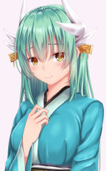 Rule 34 | 1girl, aqua hair, bad id, bad pixiv id, bow, breasts, commentary request, dragon horns, fate/grand order, fate (series), horns, kiyohime (fate), long hair, looking at viewer, medium breasts, smile, solo, tapisuke, upper body, yellow bow, yellow eyes