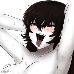 Rule 34 | 1girl, ahegao, artist name, black hair, blush, breasts, cslucaris, implied sex, large breasts, long hair, looking down, mature female, nude, raven branwen, red eyes, rwby, saliva, sweat, tongue, tongue out, trembling