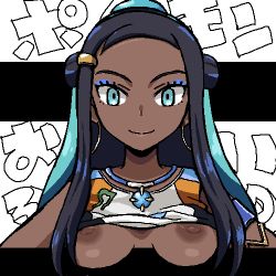 Rule 34 | 1girl, armlet, black hair, blue eyes, blue eyeshadow, blue hair, breasts, closed mouth, copyright name, creatures (company), crop top, dark-skinned female, dark skin, earrings, eyeshadow, female focus, forehead, game freak, gomatarou (pixiv196136), hair ornament, hairclip, happy, hoop earrings, jaggy lines, japanese text, jewelry, long hair, looking at viewer, lowres, makeup, medium breasts, multicolored hair, necklace, nessa (pokemon), nintendo, nipple slip, nipples, oekaki, pokemon, pokemon swsh, shiny skin, sidelocks, smile, solo, split depth, split mouth, straight-on, text background, translated, two-tone hair, upper body, white background