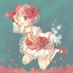 10s bad_id bad_pixiv_id gloves kaname_madoka kaname_madoka_(magical_girl) mahou_shoujo_madoka_magica mahou_shoujo_madoka_magica_(anime) maki_(natoriumu) pink_eyes pink_hair short_hair short_twintails simple_background solo twintails