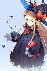 Rule 34 | 1girl, abigail williams (fate), black bow, black dress, black hat, blonde hair, bloomers, blue eyes, blush, bow, breasts, bug, butterfly, dress, echo (circa), fate/grand order, fate (series), forehead, hair bow, hat, insect, key, long hair, long sleeves, looking at viewer, orange bow, parted bangs, ribbed dress, sleeves past fingers, sleeves past wrists, small breasts, solo, stuffed animal, stuffed toy, teddy bear, underwear, white bloomers, witch hat
