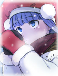 Rule 34 | 1girl, aoba (smartbeat), apron, blue eyes, breasts, brooch, brown shirt, fate/grand order, fate (series), hat, highres, jewelry, long hair, long sleeves, looking up, martha (fate), martha (santa) (fate), mittens, off shoulder, purple hair, red hat, santa hat, scarf, shirt, small breasts, snowing, solo, white apron