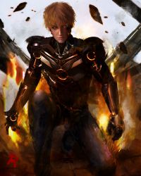 Rule 34 | 1boy, absurdres, armor, blonde hair, boots, closed mouth, clothing request, destruction, facepaint, fire, genos, gloves, glowing, glowing eyes, highres, kneeling, looking at viewer, male focus, marthhh, on one knee, one-punch man, open hand, orange eyes, power armor, power suit, rock, shoes, short hair, signature, solo