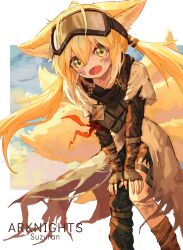 Rule 34 | 1girl, animal ears, arknights, arm ribbon, black scarf, blonde hair, character name, commentary, copyright name, dirty, dirty face, eason870408, feet out of frame, fingerless gloves, fox ears, fox girl, fox tail, gloves, goggles, goggles on head, green eyes, hands on own knees, highres, kitsune, kyuubi, leaning forward, long hair, looking at viewer, multiple tails, official alternate costume, open mouth, red ribbon, ribbon, scarf, solo, suzuran (arknights), suzuran (lostlands flowering) (arknights), tail, twintails