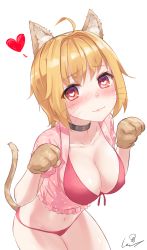 Rule 34 | 1girl, :3, ahoge, animal ears, bikini, blonde hair, blush, breasts, cat ears, cat tail, cleavage, closed mouth, collar, collarbone, cowboy shot, crop top, facial mark, frills, front-tie bikini top, front-tie top, hands up, heart, heart-shaped pupils, highres, large breasts, legs together, long hair, looking at viewer, navel, nose blush, original, paw pose, red bikini, red eyes, short sleeves, simple background, smile, solo, swimsuit, symbol-shaped pupils, tail, thighs, very long hair, wet.elephant, whisker markings, white background