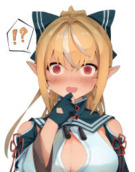 Rule 34 | !?, 1girl, @ @, bad id, bad pixiv id, blonde hair, blue bow, blue gloves, blush, bow, breasts, cleavage cutout, clothing cutout, confused, dark-skinned female, dark skin, elf, embarrassed, gloves, hair bow, hair intakes, half gloves, hand on own chin, high collar, high ponytail, highres, hololive, large breasts, long hair, looking at viewer, multicolored hair, pointy ears, red eyes, shiranui flare, shiranui flare (old design), shiro (koob173), shoulder cutout, sidelocks, solo, streaked hair, surprised, virtual youtuber, wavy mouth