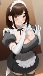 Rule 34 | 1girl, alternate costume, apron, black dress, blush, breasts, bridal gauntlets, brown hair, cleavage, detached collar, dress, enmaided, ganbare douki-chan, grin, heart, heart hands, highres, huge breasts, kouhai-chan (douki-chan), looking at viewer, maid, maid headdress, mole, mole on breast, neck ribbon, nekoshoko, pinafore dress, plunging neckline, ribbon, skindentation, sleeveless dress, smile, solo, thick eyebrows, thighhighs, white apron