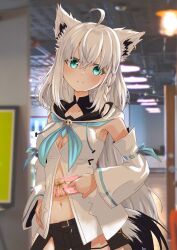 Rule 34 | 1girl, absurdres, animal ears, bare shoulders, detached sleeves, highres, hololive, lingmu, looking at viewer, medium hair, shirakami fubuki, smile, solo, standing, virtual youtuber, white hair, wolf ears