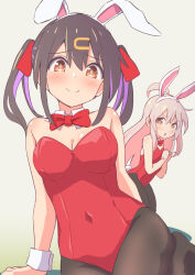 Rule 34 | 2girls, animal ears, bare shoulders, black hair, blush, bow, bowtie, breasts, brown eyes, brown hair, cleavage, collar, detached collar, fake animal ears, fake tail, hair ornament, hairclip, leotard, long hair, looking at viewer, medium breasts, multiple girls, onii-chan wa oshimai!, open mouth, oyama mahiro, oyama mihari, pantyhose, pc fworks, pink hair, playboy bunny, purple hair, rabbit ears, rabbit tail, red leotard, simple background, small breasts, smile, strapless, strapless leotard, tail, twintails, white collar, white wrist cuffs, wrist cuffs