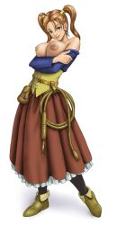 Rule 34 | 1girl, breast lift, breasts, brown eyes, brown hair, cleavage, dragon quest, dragon quest viii, dress, earrings, irotsuya, jessica albert, jewelry, large breasts, long hair, looking at viewer, nipples, purple shirt, shirt, smile, solo, square enix, topless, twintails