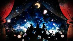 Rule 34 | 1girl, 2boys, abstract, abstract background, copyright request, crescent moon, curtains, harada miyuki, leaf, lens flare, moon, multiple boys, night, night sky, plant, profile, scar, silhouette, sitting, tree
