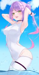 Rule 34 | 1girl, absurdres, arched back, armpits, arms behind head, blue sky, blush, cloud, covered navel, curvy, from below, green eyes, hair ornament, highres, hololive, long hair, looking at viewer, multicolored hair, ocean, one-piece swimsuit, open mouth, outdoors, pink hair, purple hair, red o7, sky, smile, solo, swimsuit, thighhighs, tokoyami towa, virtual youtuber, water, white one-piece swimsuit, white thighhighs