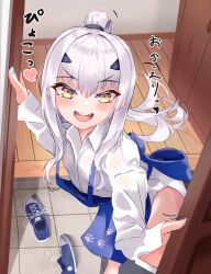 Rule 34 | 1girl, absurdres, apron, blue apron, blue nails, fate/grand order, fate (series), forked eyebrows, heart, highres, long hair, melusine (fate), nail polish, open mouth, opening door, paw print, paw print pattern, ponytail, shoes, smile, solo, spoken heart, teeth, tutuuraura88, upper teeth only, white hair, wooden floor, yellow eyes