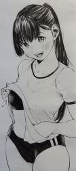 Rule 34 | 1girl, blush, buruma, clothes lift, commentary, double vertical stripe, gagaimo, greyscale, gym shirt, gym uniform, head tilt, highres, lifted by self, looking at viewer, monochrome, open mouth, original, ponytail, shirt, shirt lift, short sleeves, smile, solo, sports bra, standing, traditional media