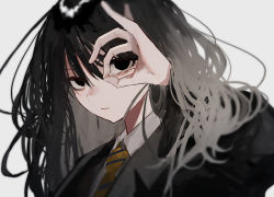 Rule 34 | 1girl, absurdres, bags under eyes, black eyes, black hair, closed mouth, collared shirt, expressionless, female focus, grey hair, highres, jacket, looking at viewer, messy hair, mole, mole under eye, multicolored hair, necktie, ok sign, ok sign over eye, original, pikuson, school uniform, shirt, simple background, solo, striped necktie, suit jacket, white background, white shirt