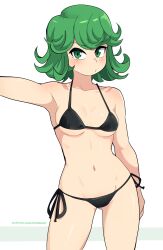 Rule 34 | 1girl, absurdres, alternate breast size, arm at side, armpits, bare shoulders, bikini, black bikini, breasts, collarbone, commentary, dashi (dashiart), flipped hair, gluteal fold, green eyes, green hair, highres, light blush, looking at viewer, medium breasts, navel, one-punch man, outstretched arm, patreon username, short hair, side-tie bikini bottom, simple background, skindentation, solo, string bikini, swimsuit, symbol-only commentary, tatsumaki, thighs, underboob, v-shaped eyebrows, watermark, web address, white background