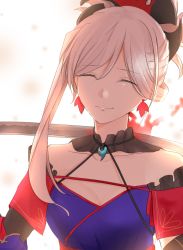 Rule 34 | 1girl, asymmetrical hair, backlighting, black choker, breasts, choker, cleavage, closed eyes, closed mouth, collarbone, fate/grand order, fate (series), hair between eyes, jewelry, long hair, magatama, magatama necklace, miyamoto musashi (fate), miyamoto musashi (second ascension) (fate), necklace, sena rin, silver hair, simple background, small breasts, smile, solo, white background