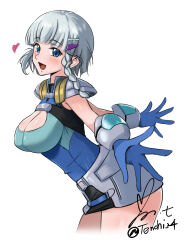 Rule 34 | 1girl, blue eyes, blush, braid, breasts, cleavage, gloves, grey hair, hair ornament, hairclip, highres, huge breasts, large breasts, looking at viewer, open mouth, seolla schweizer, short hair, side braid, solo, super robot wars, super robot wars alpha, super robot wars dd, super robot wars original generation, the 2nd super robot wars alpha, yoo tenchi