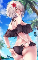 Rule 34 | 1girl, adjusting clothes, adjusting swimsuit, ahoge, alternate costume, ass, bangle, beach, bikini, black bikini, blue sky, blush, bracelet, breasts, bug, butt crack, butterfly, cloud, cowboy shot, day, fate/grand order, fate (series), flower, frilled bikini, frills, from behind, hair between eyes, hair flower, hair ornament, insect, jeanne d&#039;arc (fate), jeanne d&#039;arc alter (avenger) (fate), jeanne d&#039;arc alter (fate), jewelry, large breasts, looking at viewer, looking back, marisasu (marisa0904), mole, mole on thigh, nail polish, ocean, off-shoulder bikini, off shoulder, open mouth, outdoors, palm tree, red nails, short hair, shoulder blades, sidelocks, silver hair, skindentation, sky, solo, swimsuit, thighs, tree, wet, yellow eyes