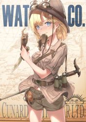 Rule 34 | 1girl, alternate costume, belt, binoculars, blonde hair, blue eyes, blush, breasts, brown gloves, brown headwear, brown shirt, brown shorts, camera, cane, collarbone, contrapposto, cowboy shot, gloves, goggles, goggles on head, gradient background, hair ornament, helmet, highres, holding, holding knife, hololive, hololive english, jl tan, knife, lamp, looking at viewer, map background, medium breasts, mouth hold, pith helmet, shirt, short hair, short sleeves, shorts, solo, standing, v-shaped eyebrows, virtual youtuber, watson amelia