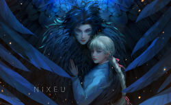 Rule 34 | 1boy, 1girl, artist name, black feathers, black hair, blonde hair, blue dress, blue eyes, blunt bangs, braid, buttons, closed mouth, collar, dress, feathered wings, feathers, hair ribbon, highres, howl (howl no ugoku shiro), howl no ugoku shiro, jewelry, long hair, long sleeves, looking at viewer, nixeu, realistic, red ribbon, ribbon, ring, short hair, single braid, sophie (howl no ugoku shiro), sparkle, upper body, wings