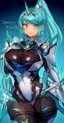 1girl aqua_background aqua_eyes aqua_hair armor black_bodysuit blush bodysuit breasts character_name commission cowboy_shot earrings gradient_background high_ponytail highres horns jewelry large_breasts long_hair pneuma_(xenoblade) r123 single_horn skeb_commission solo white_armor xenoblade_chronicles_(series) xenoblade_chronicles_2