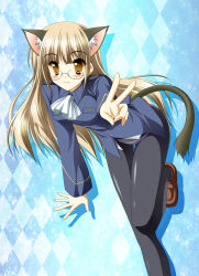 Rule 34 | 1girl, animal ears, blonde hair, breasts, cat ears, cat tail, glasses, kamiya tomoe, long hair, medium breasts, panties, panties under pantyhose, pantyhose, perrine h. clostermann, solo, strike witches, tail, thigh gap, thighs, underwear, uniform, world witches series, yellow eyes