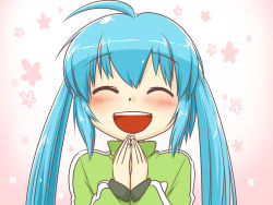 Rule 34 | 1girl, :d, ahoge, aqua hair, blush, closed eyes, happy, hatsune miku, nekomura otako, open mouth, own hands together, smile, solo, track suit, twintails, vocaloid