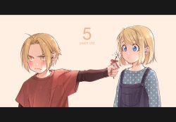 Rule 34 | 1boy, 1girl, aged down, black shirt, blonde hair, blue eyes, blue shirt, blush, closed mouth, edward elric, english text, frown, fullmetal alchemist, hanayama (inunekokawaii), hetero, highres, layered sleeves, letterboxed, long sleeves, looking at another, looking away, overalls, parted bangs, polka dot, polka dot shirt, red shirt, shirt, short hair, short over long sleeves, short sleeves, swept bangs, t-shirt, winry rockbell, yellow eyes
