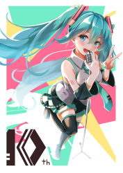 Rule 34 | 1girl, absurdres, aqua eyes, aqua hair, boots, commentary request, detached sleeves, fingernails, hatsune miku, highres, long fingernails, long hair, microphone, microphone stand, mirea, nail polish, necktie, revision, skirt, solo, thigh boots, thighhighs, twintails, v, very long hair, vocaloid
