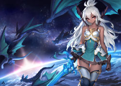 Rule 34 | 1girl, armor, armored dress, bare shoulders, boobplate, breastplate, brown gloves, closed mouth, collarbone, commentary, dark skin, dark-skinned female, dragon, dress, english commentary, gloves, granblue fantasy, green dress, hair between eyes, highres, holding, holding sword, holding weapon, long hair, looking at viewer, oopartz yang, patreon username, red eyes, revision, solo, strapless, strapless dress, sword, thighhighs, weapon, white hair, zooey (granblue fantasy)