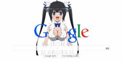 Rule 34 | 10s, 1girl, animated, animated gif, black hair, blue eyes, blush, bouncing breasts, breasts, cleavage, covered navel, dress, dungeon ni deai wo motomeru no wa machigatteiru darou ka, female focus, gloves, google, hair ornament, hestia (danmachi), jumping, large breasts, looking at viewer, navel, smile, solo, tight dress, twintails, white background, white dress