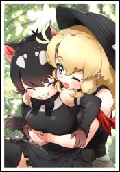 Rule 34 | 2girls, apron, armband, black apron, black bow, black bowtie, black hair, black headwear, black legwear, black shirt, black skirt, black sleeves, blonde hair, blue eyes, bow, bowtie, brown gloves, calenda (kemono friends), commentary, detached sleeves, gloves, h10ichi, hat, highres, hug, kemono friends, kemono friends 3, long hair, multiple girls, one eye closed, pleated skirt, red armband, shirt, short hair, skirt, sleeveless, smile, sun hat, symbol-only commentary, tank top, tasmanian devil (kemono friends), tasmanian devil ears, tasmanian devil tail, thighhighs, zettai ryouiki