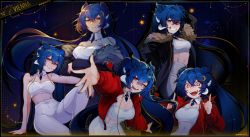 Rule 34 | 1girl, absurdres, arm support, bare shoulders, blue hair, breasts, character name, cloud9, commentary, english commentary, grin, hair between eyes, hair ornament, heart, highres, horns, jacket, long hair, long sleeves, looking at viewer, medium breasts, multiple views, navel, one eye closed, open clothes, open jacket, open mouth, pants, parted lips, red eyes, second-party source, sitting, sleeveless, smile, teeth, tiredcatmom, tongue, very long hair, vienna (vtuber), vienna (vtuber) (1st costume), virtual youtuber