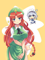 Rule 34 | 2girls, :3, angry, apron, ascot, beret, blue eyes, blush, bow, braid, breasts, chibi, clenched hand, colonel aki, commentary request, dress, green vest, hair bow, hair intakes, hat, hong meiling, izayoi sakuya, large breasts, long hair, maid, maid apron, maid headdress, multiple girls, open mouth, red hair, short sleeves, side slit, skirt, sparkle, star (symbol), touhou, twin braids, vest