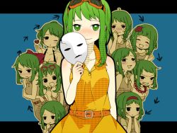 Rule 34 | 1girl, angry, bad id, bad pixiv id, blush, glasses, green eyes, green hair, gumi, juu mensou (vocaloid), katagiri (mighty swing), multiple persona, one eye closed, revision, short hair, smile, tears, tongue, vocaloid
